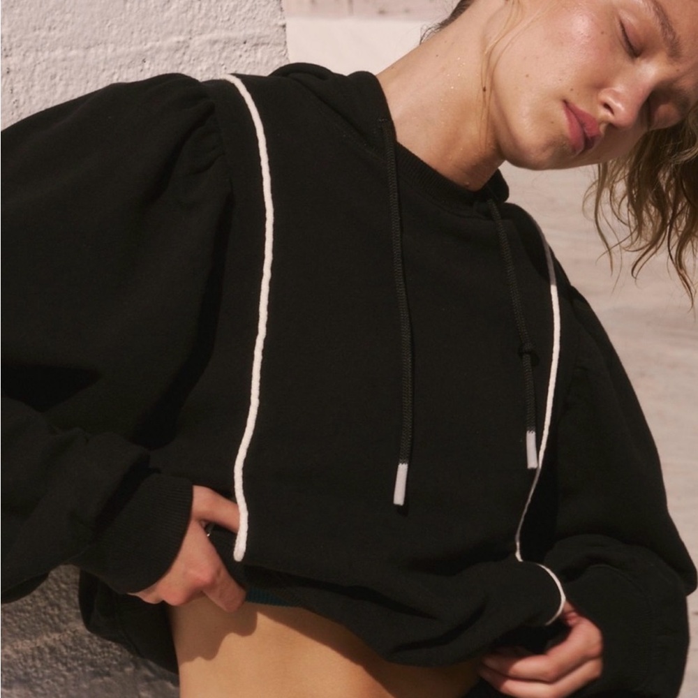 FP Movement Sandstorm Black Pullover Hoodie with White Trim Large